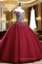 Burgundy Off Shoulder Tulle Sequin Long Evening Prom Dress, Burgundy Sweet 16 Dress