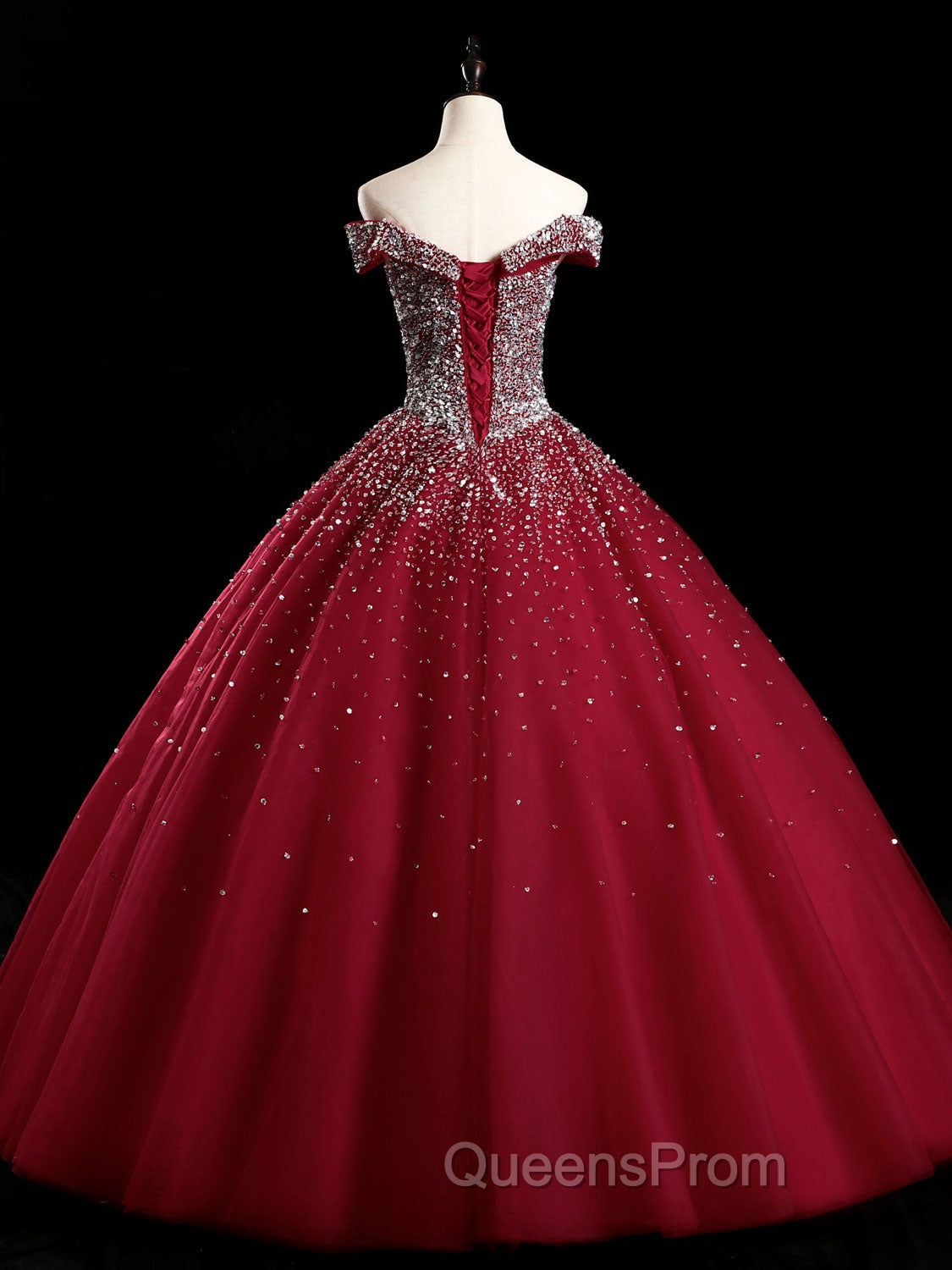 Burgundy Off Shoulder Tulle Sequin Long Evening Prom Dress, Burgundy Sweet 16 Dress