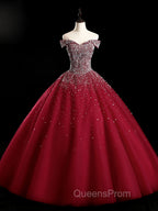 Burgundy Off Shoulder Tulle Sequin Long Evening Prom Dress, Burgundy Sweet 16 Dress