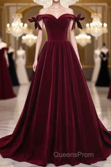 Burgundy Off Shoulder Velvet Long Evening Prom Dress, Off Shoulder Burgundy Graduation Dress, Evening Dress