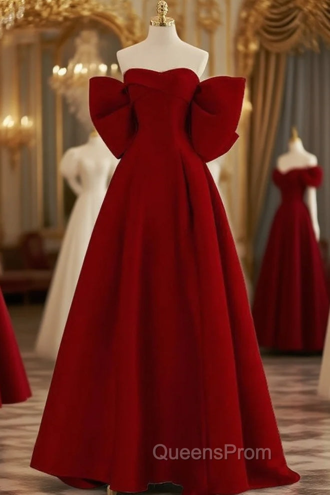 Burgundy Off the Shoulder Bow Evening Prom Dress Main image