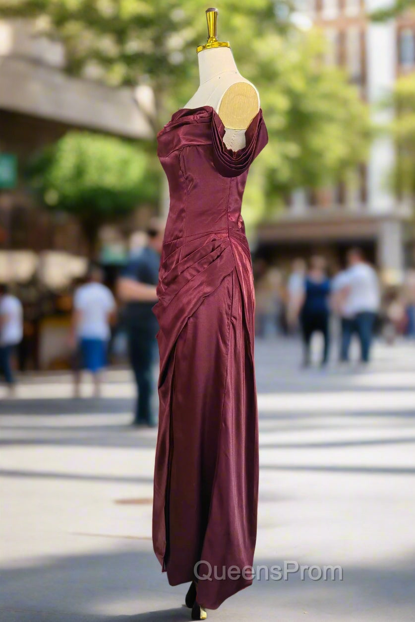 Burgundy Off The Shoulder Evening Prom Dress Simple Satin Evening Dress