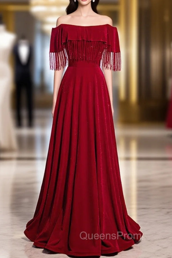 Burgundy Off the Shoulder Tassel Beading Evening Prom Dress