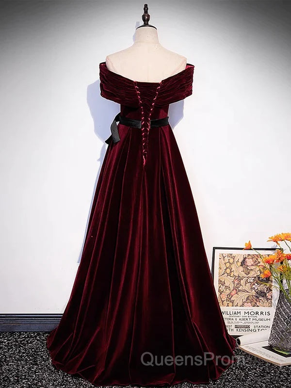 Burgundy Off The Shoulder Velvet Long Evening Prom Dress
