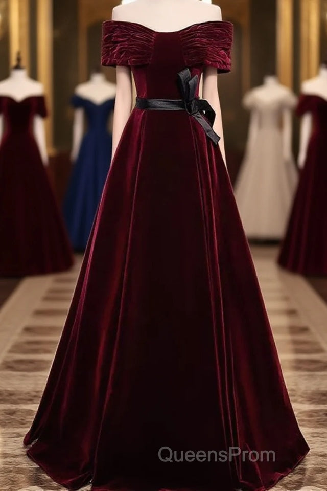 Burgundy Off The Shoulder Velvet Long Evening Prom Dress