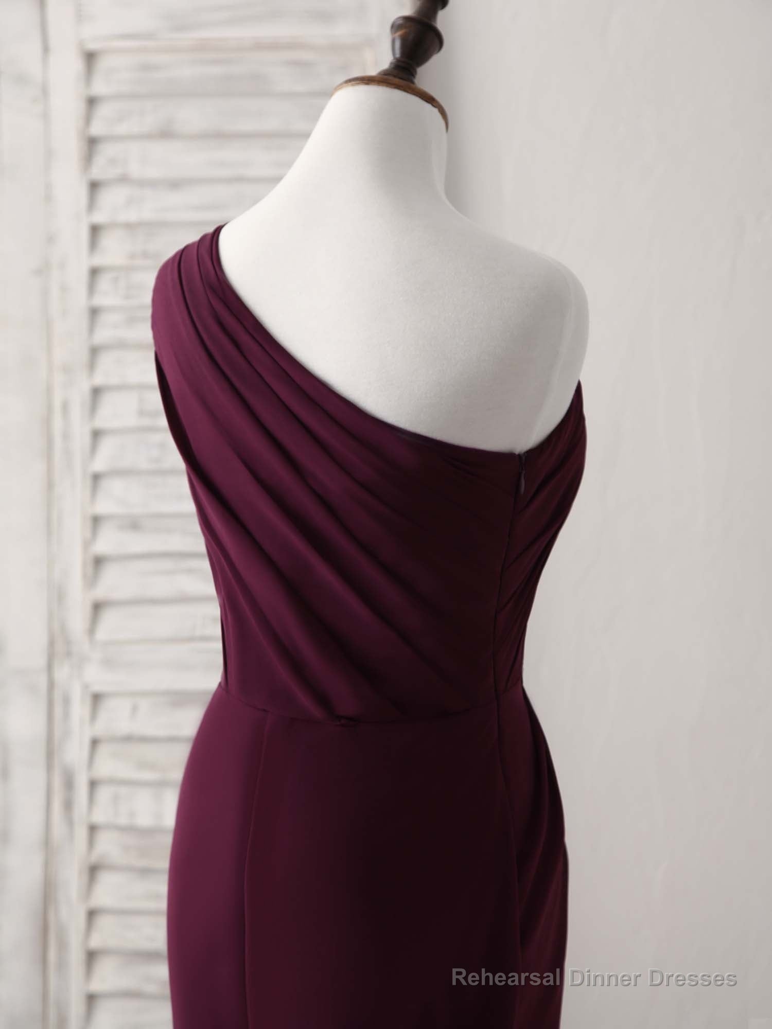 Burgundy One Shoulder Chiffon Mermaid Long Prom Dresses