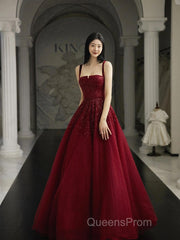 Burgundy Evening Prom Dress A Line Straps Tulle Evening Dress