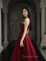 Burgundy Evening Prom Dress A Line Straps Tulle Evening Dress