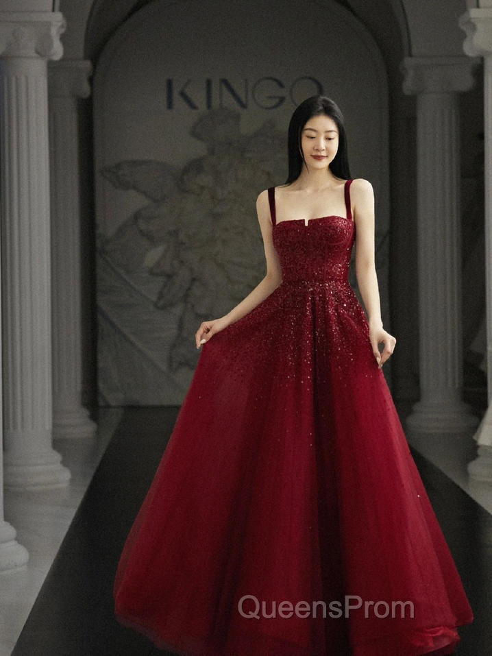 Burgundy Evening Prom Dress A Line Straps Tulle Evening Dress