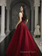 Burgundy Evening Prom Dress A Line Straps Tulle Evening Dress