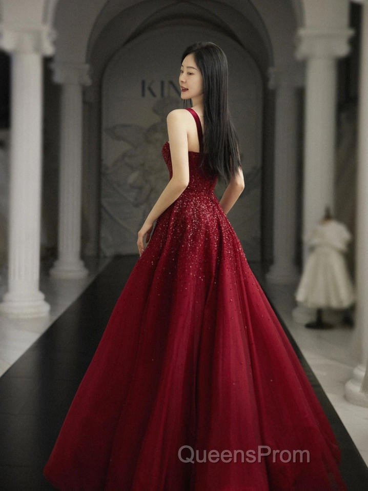 Burgundy Evening Prom Dress A Line Straps Tulle Evening Dress