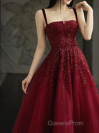 Burgundy Evening Prom Dress A Line Straps Tulle Evening Dress