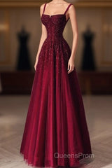 Burgundy Evening Prom Dress A Line Straps Tulle Evening Dress
