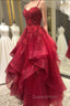 Burgundy Evening Prom Dress, A-line V Neck Spaghetti Straps Long/Floor-Length Lace Evening Prom Dress With Beading