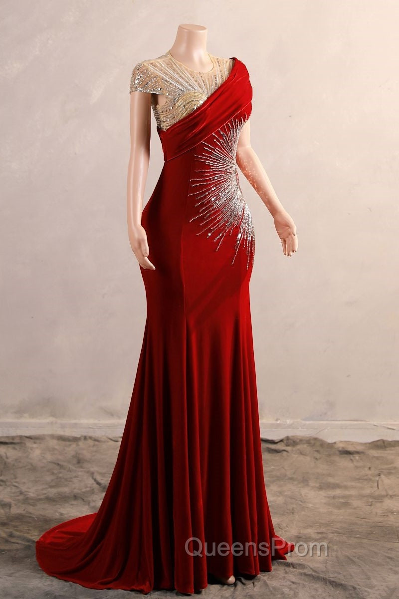 Burgundy Evening Prom Dress Bodycon Velvet Long Evening Dress with Embroidered Beadings
