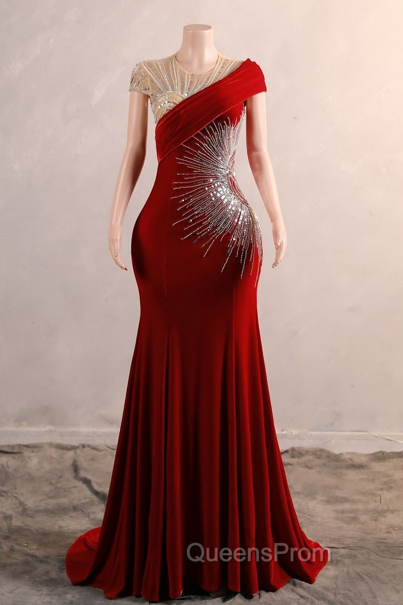 Burgundy Evening Prom Dress Bodycon Velvet Long Evening Dress with Embroidered Beadings