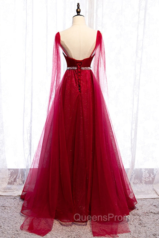 Burgundy Evening Prom Dress, Spagetti-Strap Sleeveless Evening Prom Dress Tulle Ruffles with Beadings Secondary image