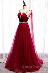 Burgundy Evening Prom Dress, Spagetti-Strap Sleeveless Evening Prom Dress Tulle Ruffles with Beadings