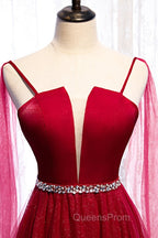 Burgundy Evening Prom Dress, Spagetti-Strap Sleeveless Evening Prom Dress Tulle Ruffles with Beadings