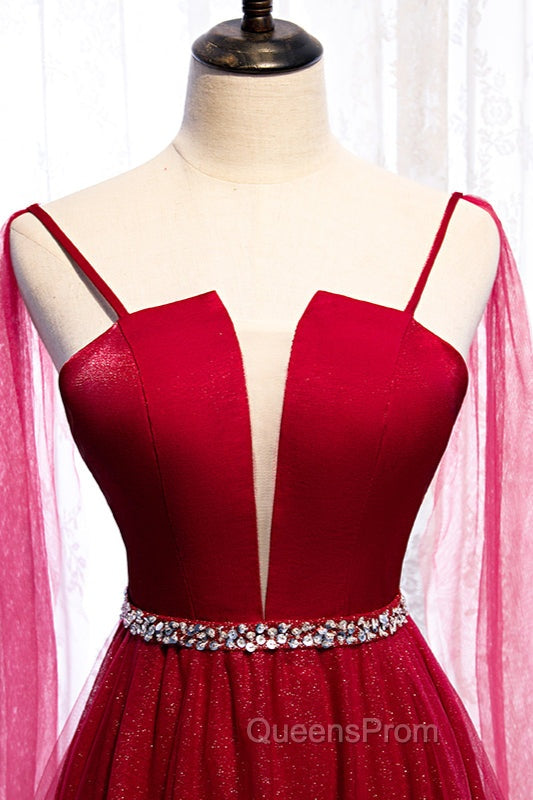 Burgundy Evening Prom Dress, Spagetti-Strap Sleeveless Evening Prom Dress Tulle Ruffles with Beadings
