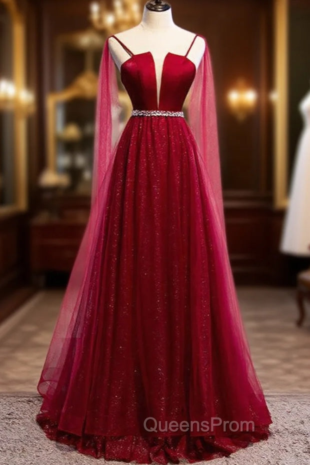 Burgundy Evening Prom Dress, Spagetti-Strap Sleeveless Evening Prom Dress Tulle Ruffles with Beadings Main image