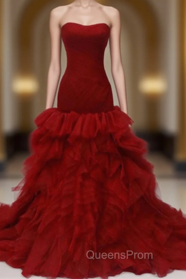 Burgundy Evening Prom Dress Strapless Evening Prom Dress