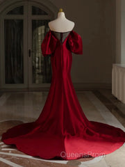 Burgundy Puff Sleeves Satin Burgundy Long Evening Prom Dress, Burgundy Long Formal Dress