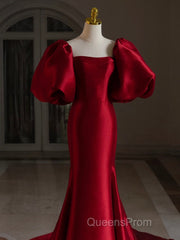 Burgundy Puff Sleeves Satin Burgundy Long Evening Prom Dress, Burgundy Long Formal Dress