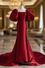 Burgundy Puff Sleeves Satin Burgundy Long Evening Prom Dress, Burgundy Long Formal Dress