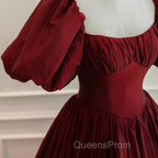 Burgundy Puffy Sleeves Taffeta Long Evening Prom Dress, Floor Length Sweetheart Party Dress
