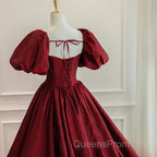Burgundy Puffy Sleeves Taffeta Long Evening Prom Dress, Floor Length Sweetheart Party Dress
