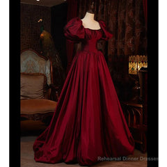 Burgundy Puffy Sleeves Taffeta Long Prom Dress, Floor Length Sweetheart Party Dress