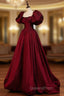 Burgundy Puffy Sleeves Taffeta Long Evening Prom Dress, Floor Length Sweetheart Party Dress