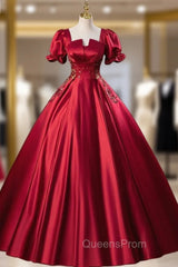 Burgundy Red Satin Short Sleeve Appliques Quinceanera Dress