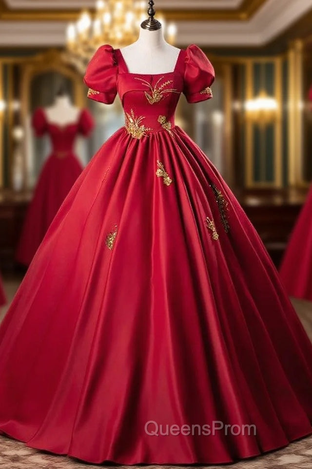 Burgundy Red Satin Short Sleeve Square Appliques Quinceanera Dress