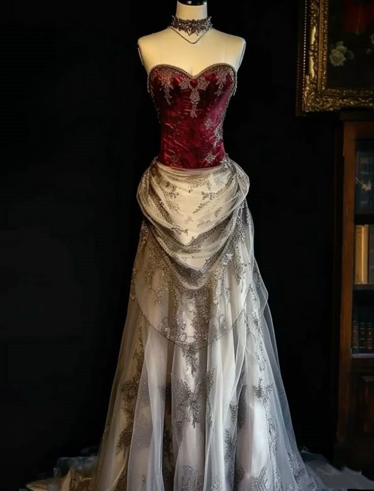 Burgundy Retro Fashion Long Tulle Satin Lace Ball Gown Classy Evening Dress Classy Prom Dress Secondary image