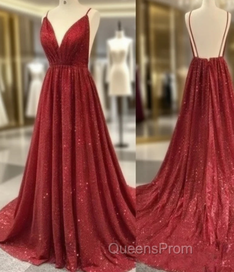 Burgundy Robe De Soiree A-Line V-Neck Sequins Sparkle Crystals Backless Sexy Long Evening Prom Dress Evening Prom Gown Evening Dress Main image