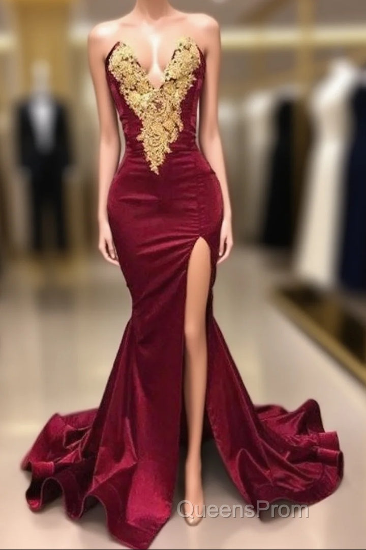 Burgundy Robe De Soiree Mermaid Sweetheart Appliques Beaded Slit Sexy Long Evening Prom Dress Evening Prom Gown Evening Dress Main image