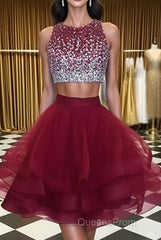 Burgundy Round Neck 2 Pieces Sequins Tulle Short Evening Prom Dress, 2 Pieces Burgundy Homecoming Dress, Graudation Dress