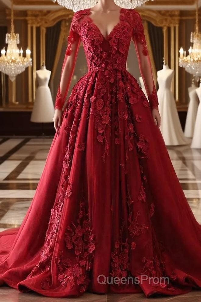 Burgundy round neck lace long Evening Prom Dress burgundy evening Dress Main image