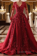 Burgundy round neck lace long Evening Prom Dress burgundy evening Dress