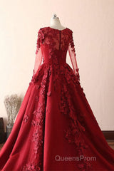 Burgundy round neck lace long Evening Prom Dress burgundy evening Dress