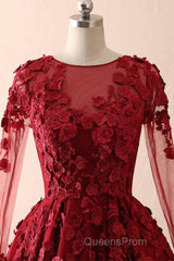 Burgundy round neck lace long Evening Prom Dress burgundy evening Dress