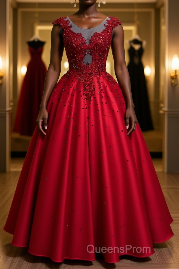 Burgundy round neck lace satin long Evening Prom Dress burgundy evening Dress Main image