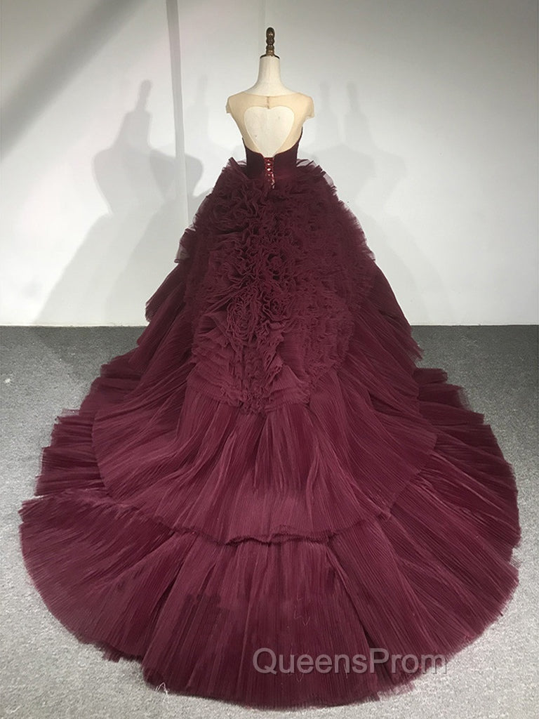Burgundy Round Neck Tulle Burgundy Long Evening Prom Gown, Burgundy Long Evening Dress Secondary image
