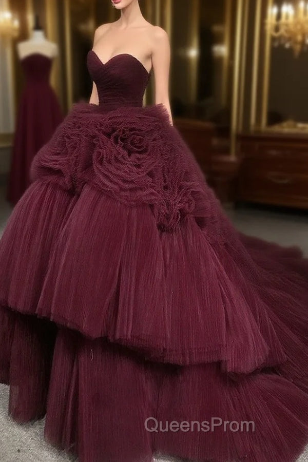Burgundy Round Neck Tulle Burgundy Long Evening Prom Gown, Burgundy Long Evening Dress Main image
