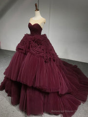 Burgundy Round Neck Tulle Burgundy Long Prom Gown, Burgundy Long Evening Dress