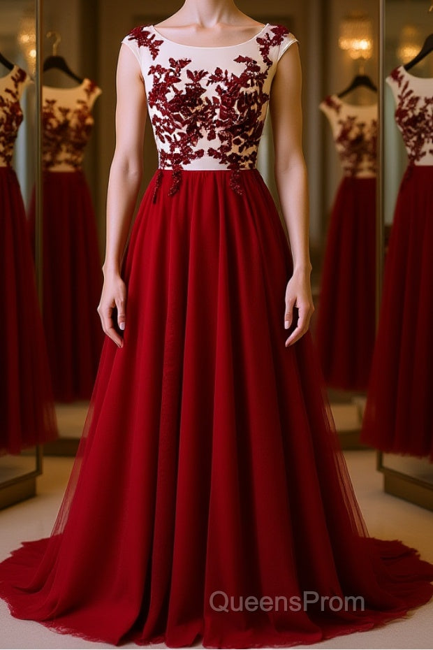 Burgundy round neck tulle lace long Evening Prom Dress, bridesmaid Dress