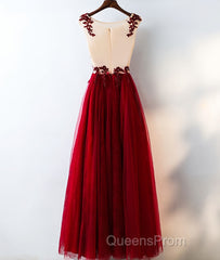 Burgundy round neck tulle lace long Evening Prom Dress, bridesmaid Dress