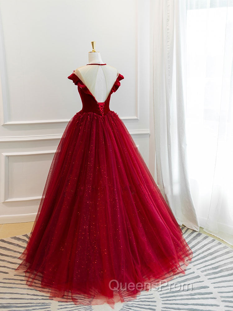 Burgundy Round Neck Tulle Lace Long Evening Prom Dress, Burgundy Evening Dress Secondary image